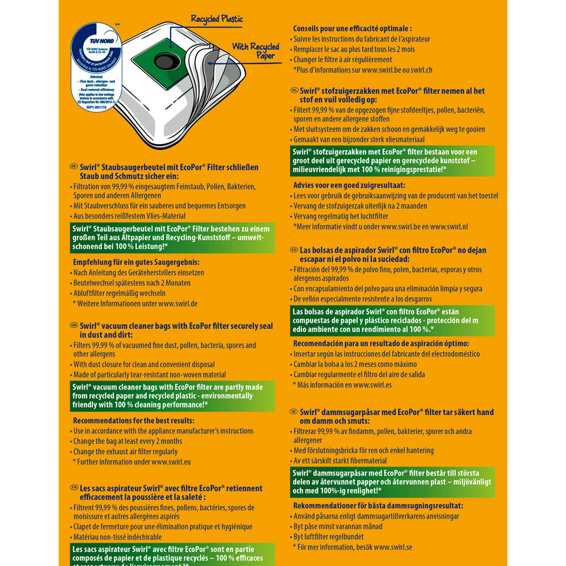 SWIRL® SAC ASPIRATEUR M40® (10 sacs + 2 déos)